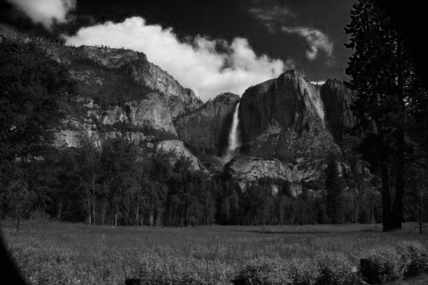 Yosemite Falls in dramatic black and white